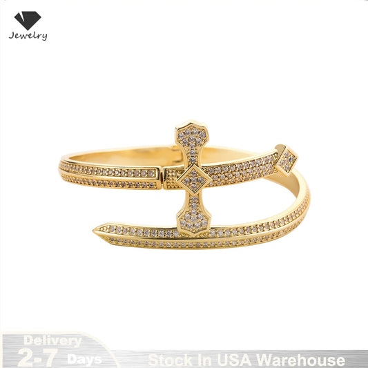Iced Out Bling Cubic Zirconia CZ Cross Sword Bracelet for Men Boy Open Size Gold Color Sword of Justice Bangle Hiphop Jewelry US